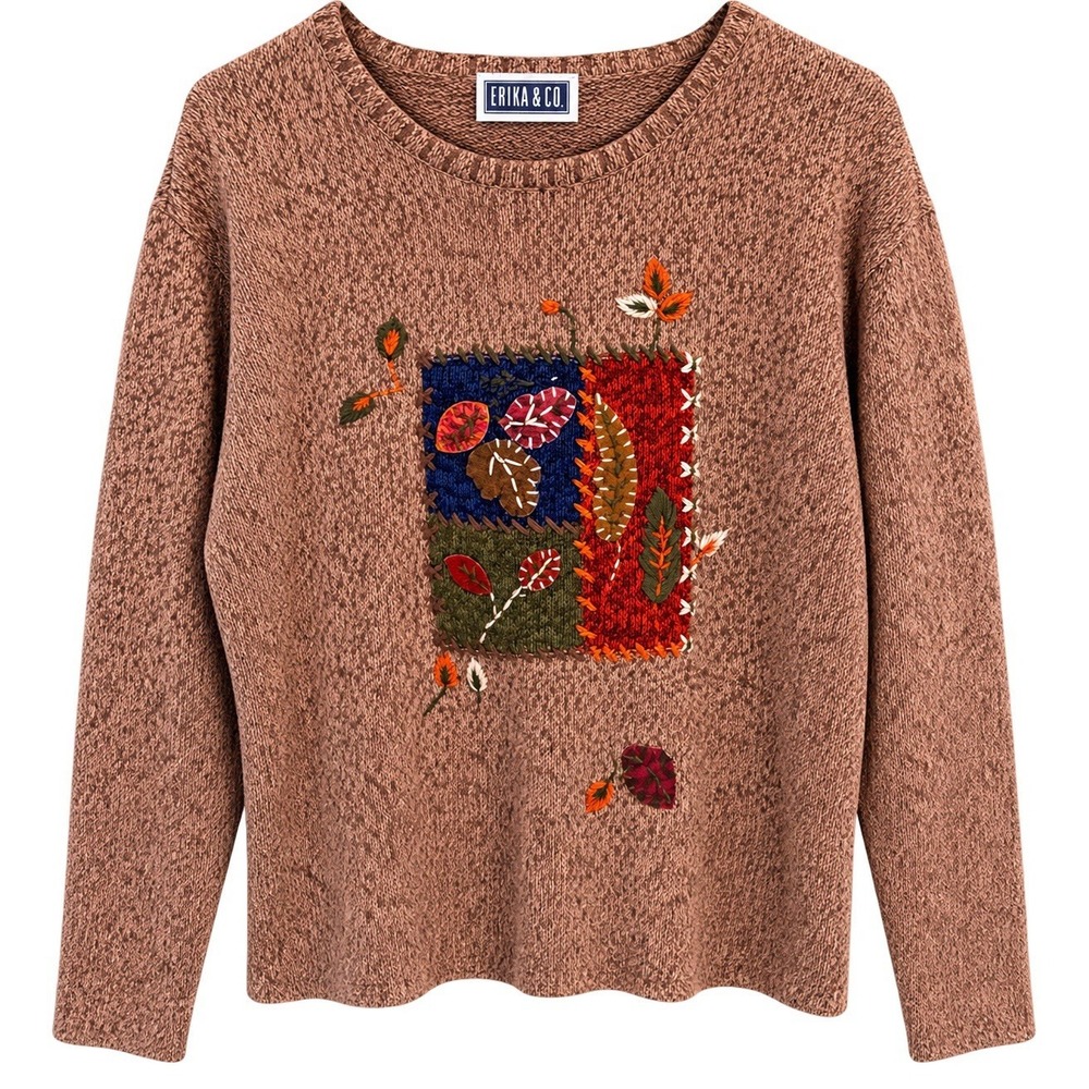 Fall Autumn Leaves Patchwork Appliqué Sweater Ramie Cotton Medium Brown Artsy
